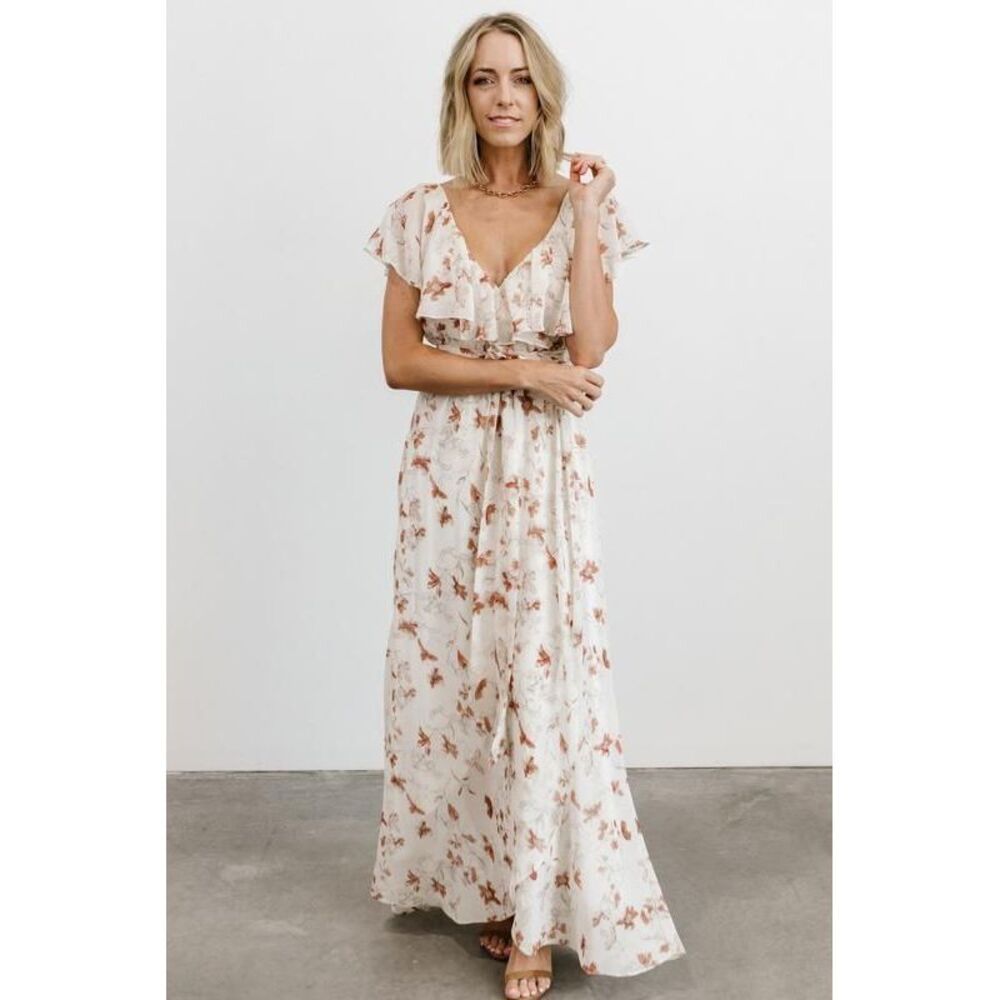Baltic Born Katya Womens Ruffle Maxi Dress Flutter Sleeve Floral